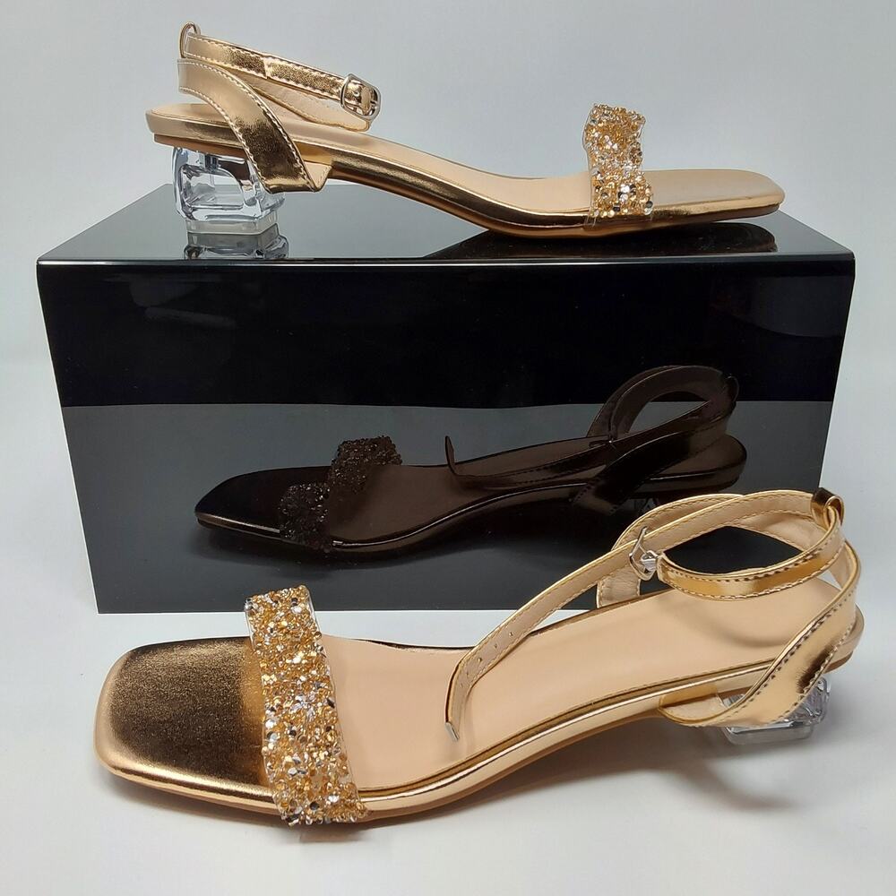 Womens Gold Rhinestone Sandals EU 42 Clear Block Heel Ankle Strap Dress Shoes